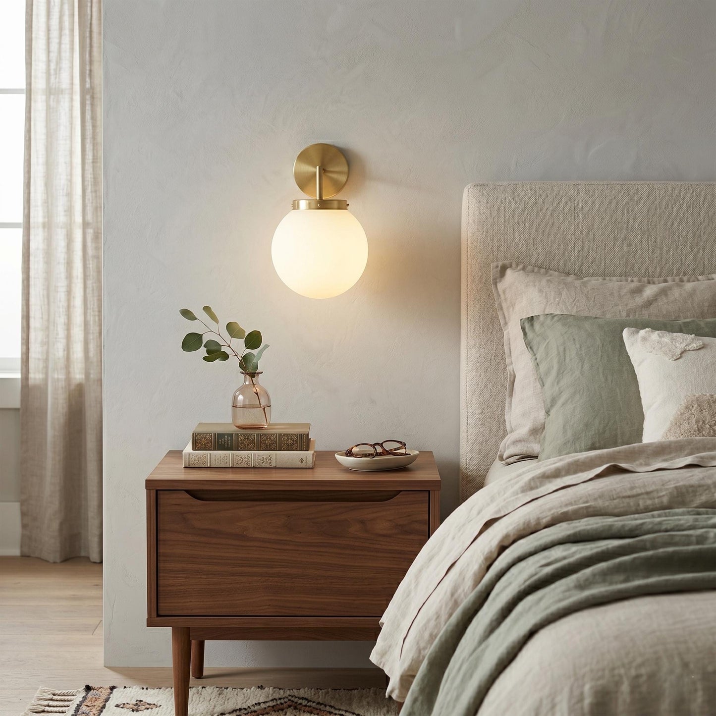 Modern Brass Wall Sconce, 6 Inch Opal Glass Globe Light, Minimalist Vanity Lamp