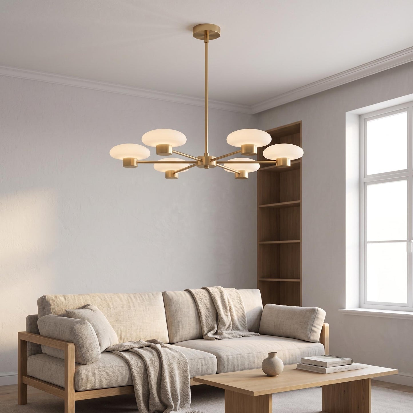 Modern Brass Sputnik Chandelier, 6 Light Opal Glass Ceiling Light, Mid Century Pendant, Dining Room Kitchen Island Lighting