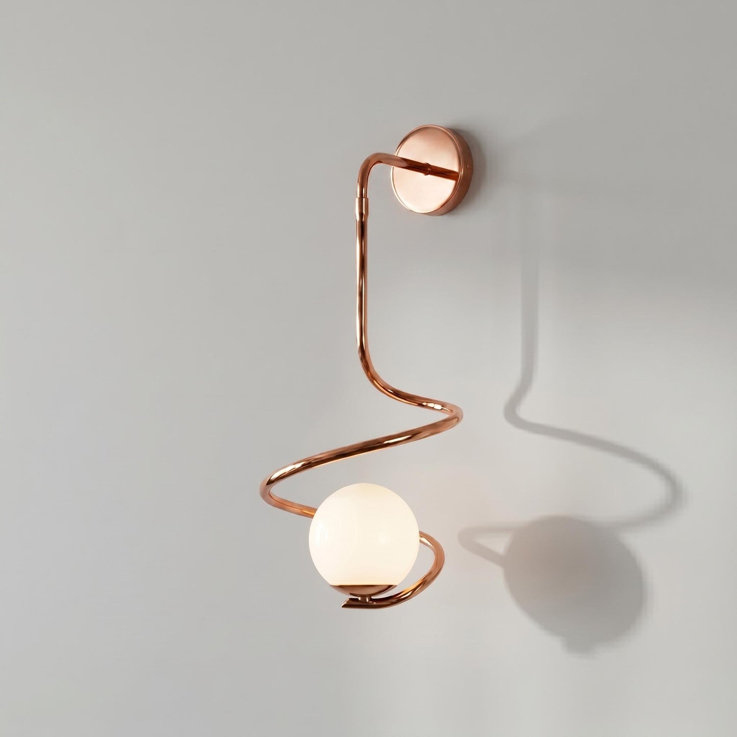 Sculptural Brass Spiral Sconce – Large Modern Opal Glass Globe Lighting Fixture