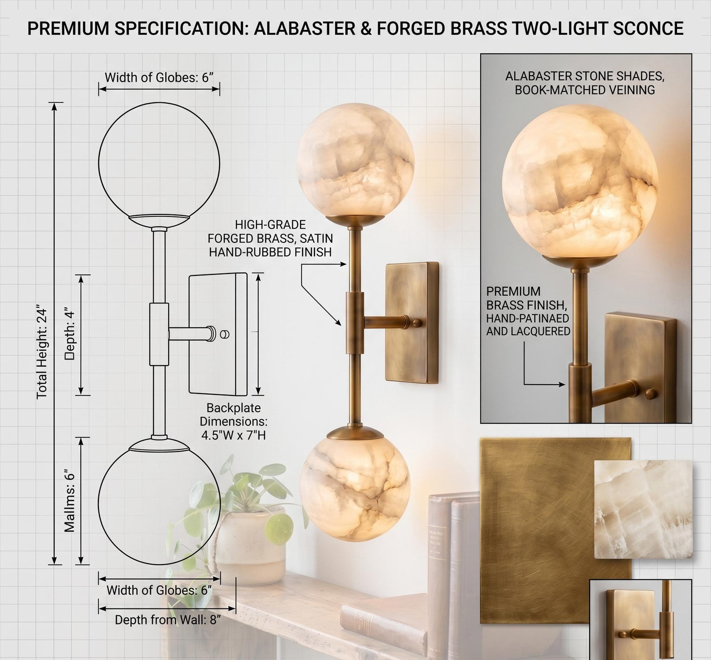 Alabaster Globe Wall Sconce, Double Brass Wall Light, Luxury Bathroom Vanity Light, Modern Stone Wall Fixture