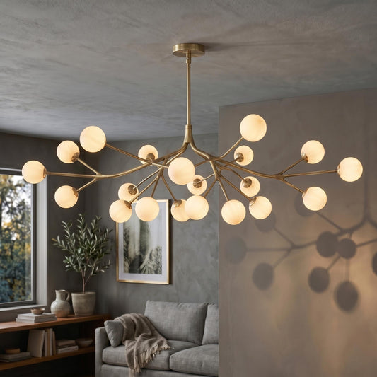 Luxury Brass Branch Chandelier – 20 Light Mid Century Opal Glass Fixture, Modern Statement Light