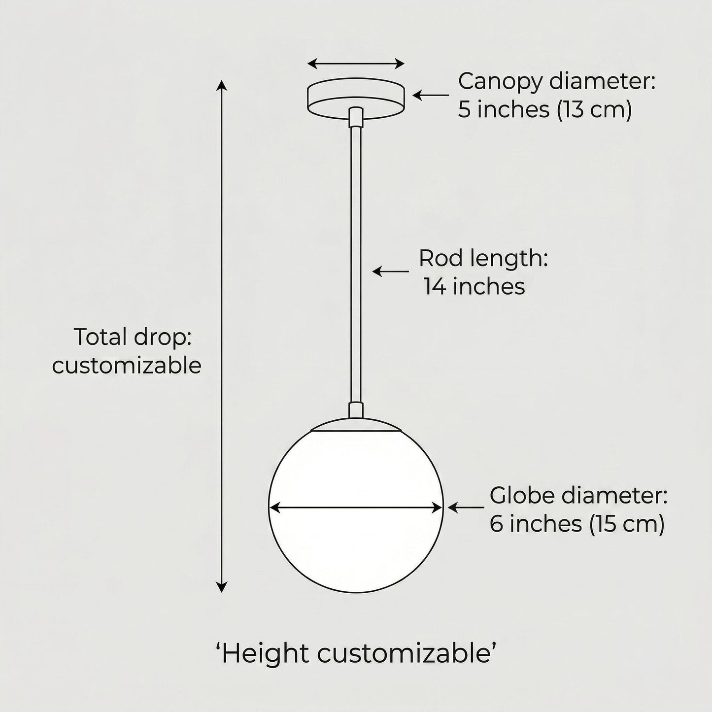 Brass Globe Pendant Light, 6 Inch Opal Glass, Minimal Hanging Lamp, Custom Length