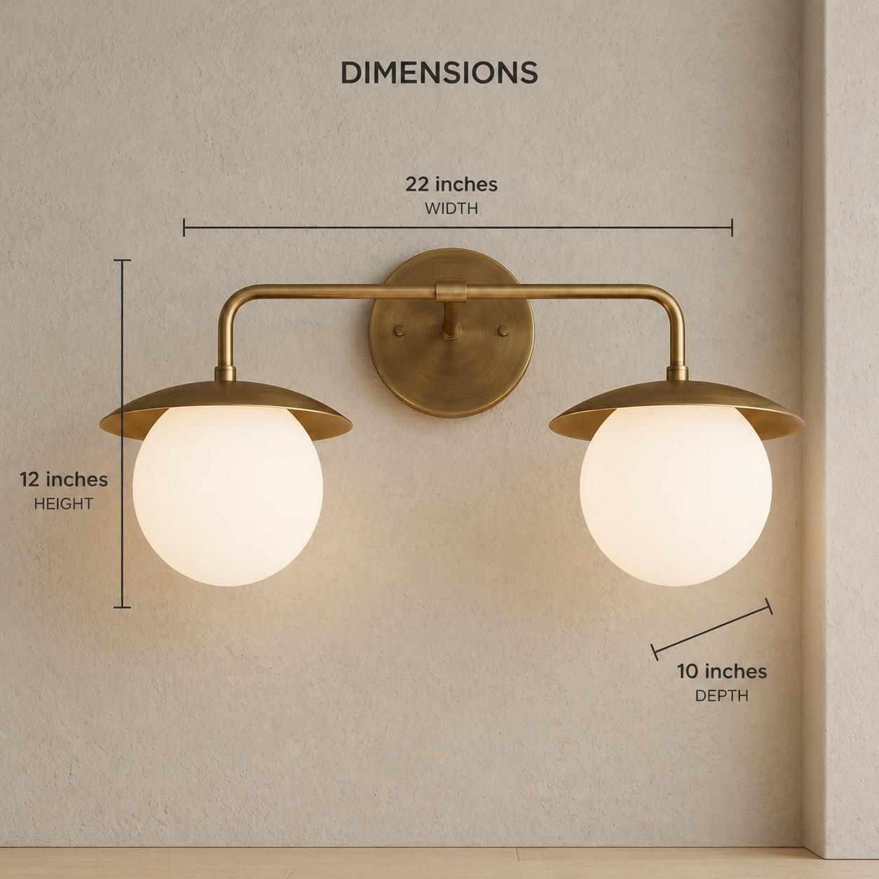 Brass Double Globe Wall Sconce – 22 Inches Mid Century Frosted Glass Lamp – Vanity Lighting
