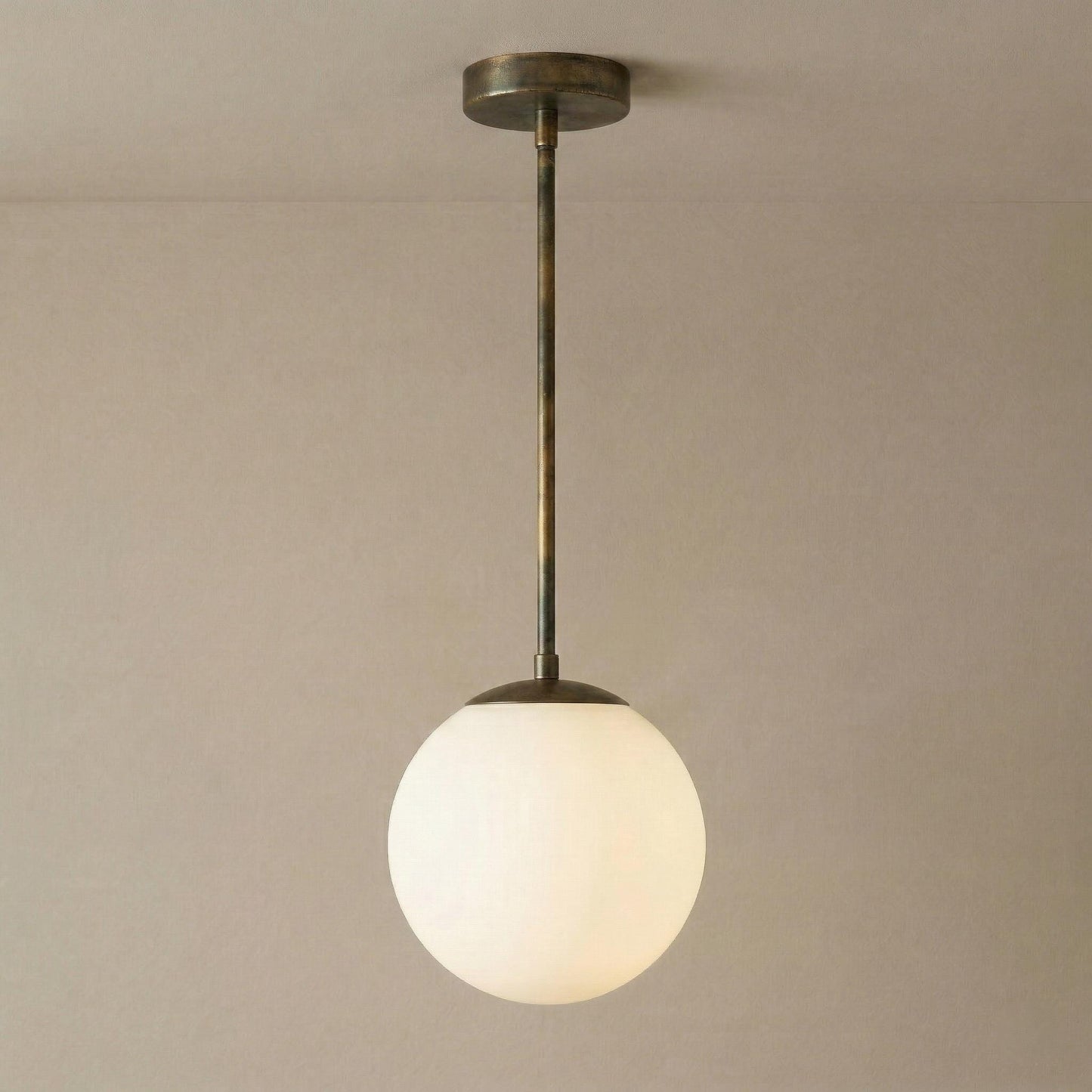 Brass Globe Pendant Light, 6 Inch Opal Glass, Minimal Hanging Lamp, Custom Length