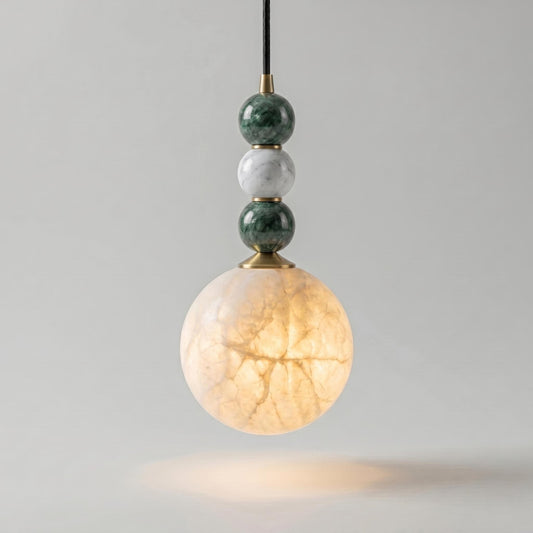 Alabaster Globe Pendant Light, Brass Hanging Lamp, Stone Beaded Pendant, Luxury Kitchen Island Lighting