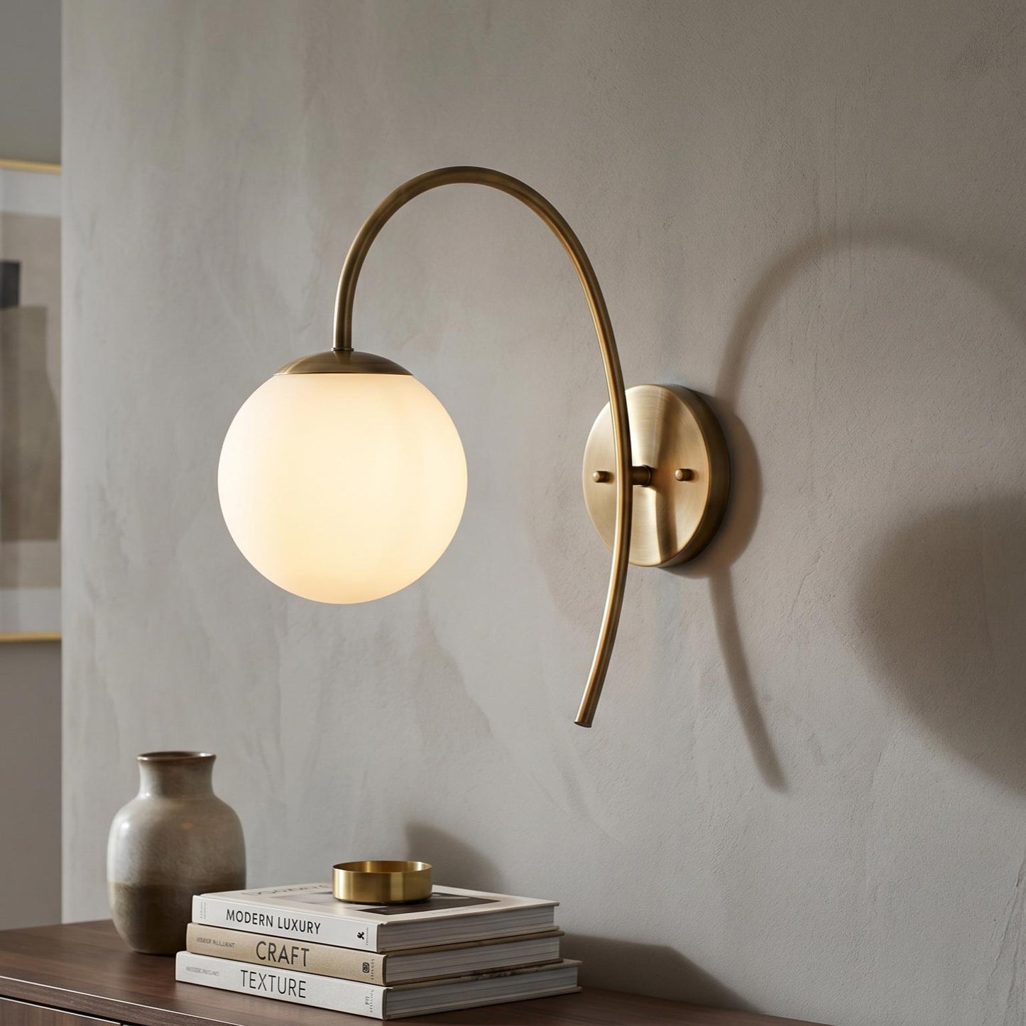 Arched Brass Wall Sconce, Opal Globe Light, Mid Century Arched Lamp, Bedside Lighting