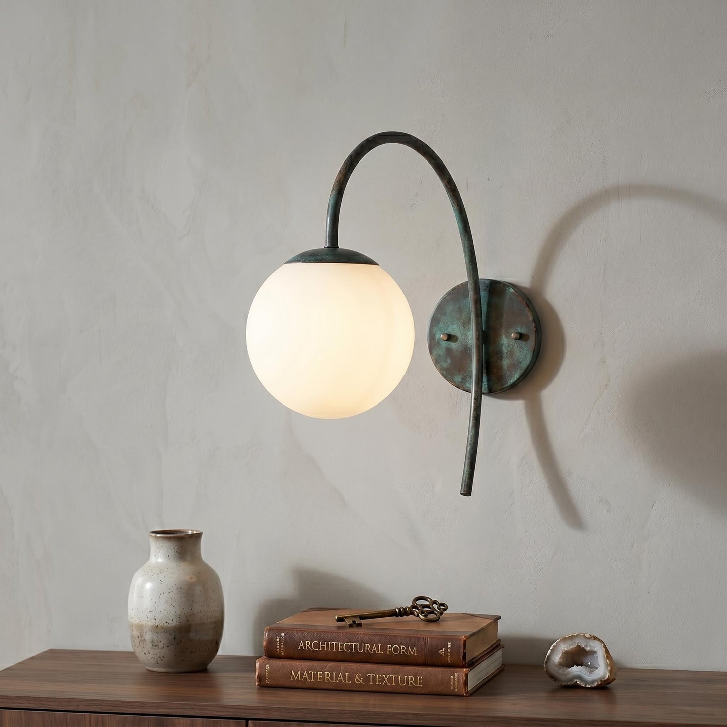 Arched Brass Wall Sconce, Opal Globe Light, Mid Century Arched Lamp, Bedside Lighting