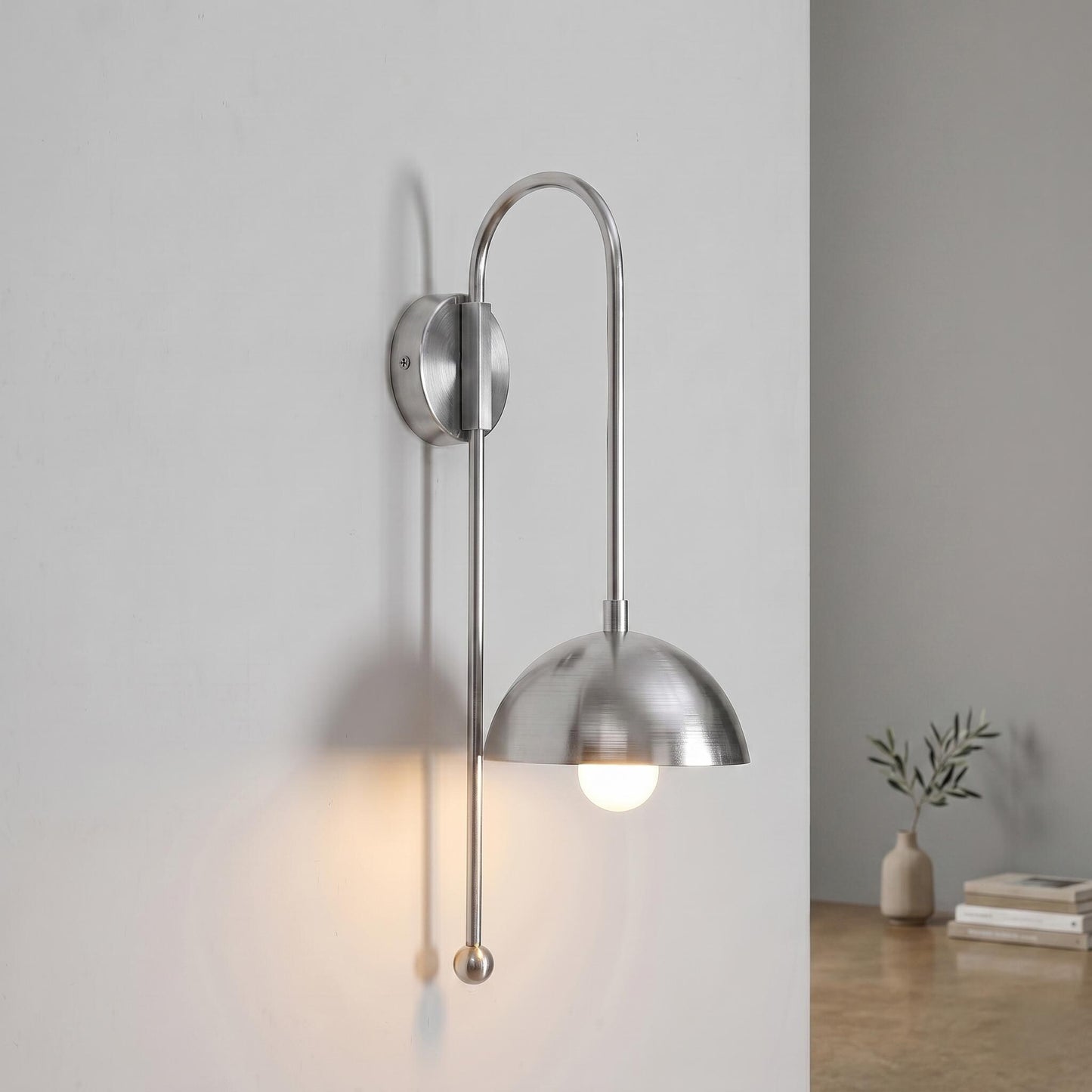 Modern Brass Wall Sconce, Tall Dome Shade Wall Lamp, Minimal Bedside Wall Light, Mid Century Brass Lighting Fixture, Plug In / Hardwired