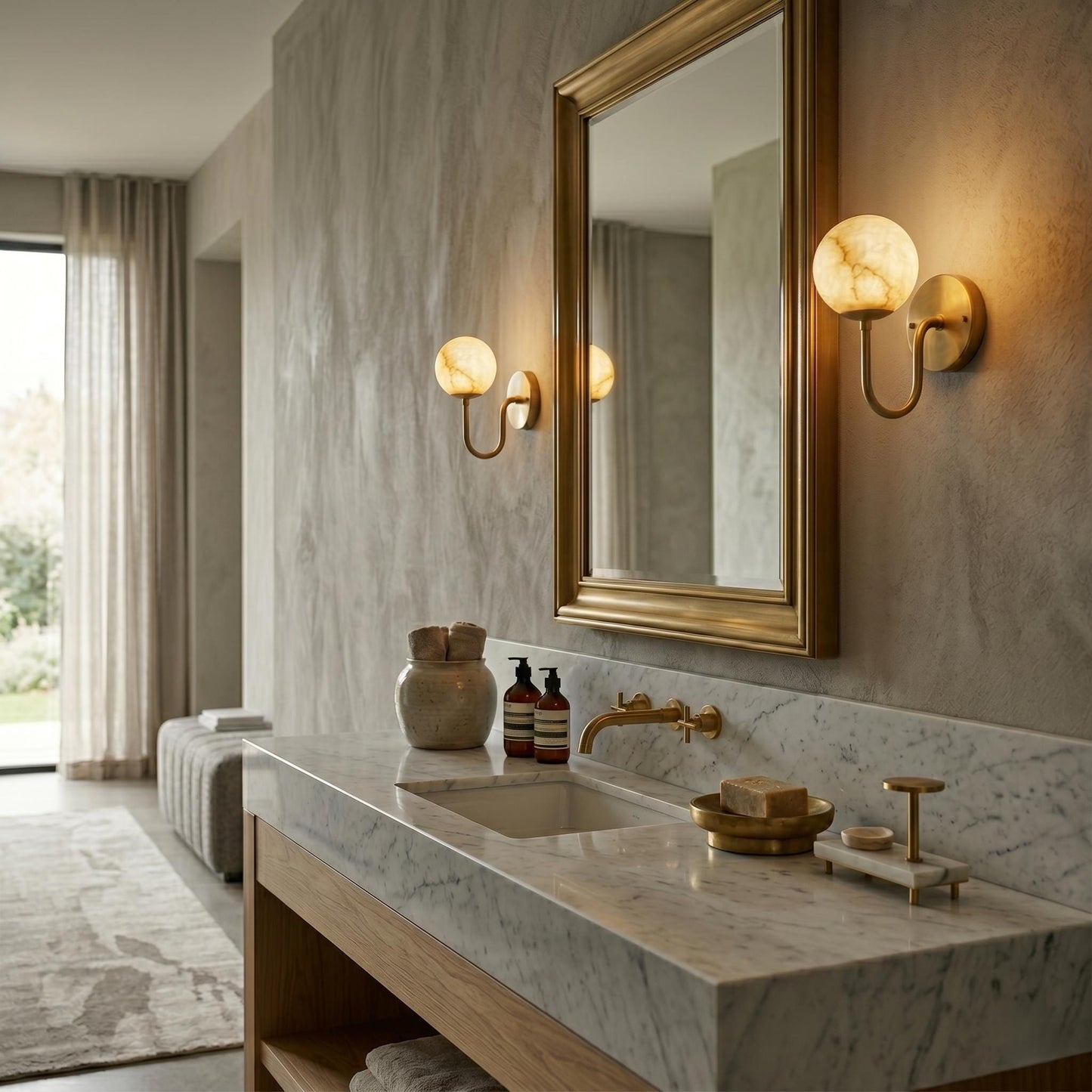Alabaster Globe Wall Sconce, Brass Wall Lamp, Modern Bathroom Vanity Light, Natural Stone Globe Light, Luxury Bedroom Wall Fixture