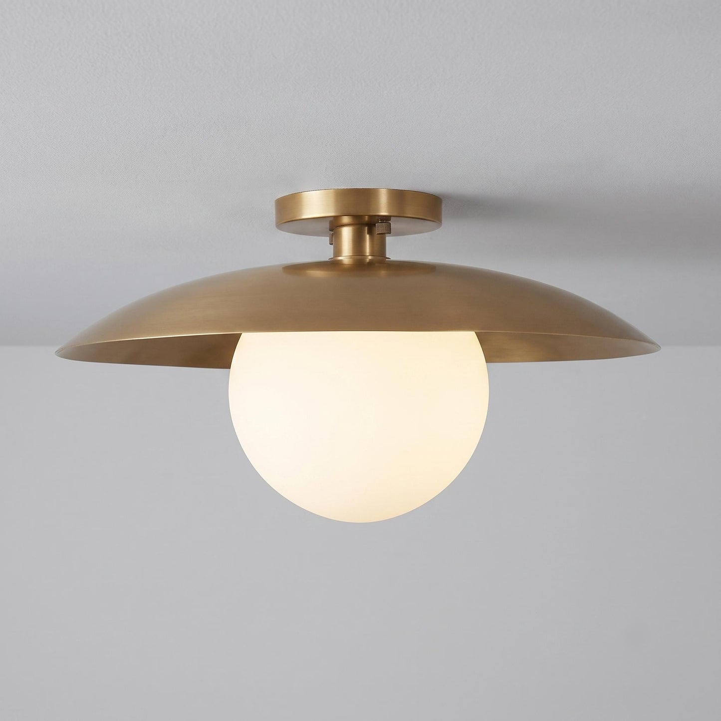 Modern Brass Flush Mount Ceiling Light for Sloped Ceilings, Opal Glass Globe, 12 Inch Shade, 6 Inch Globe, Custom Brass Ceiling Fixture