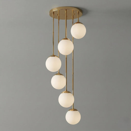 Modern Brass Globe Chandelier | Multi Drop Pendant Staircase Light