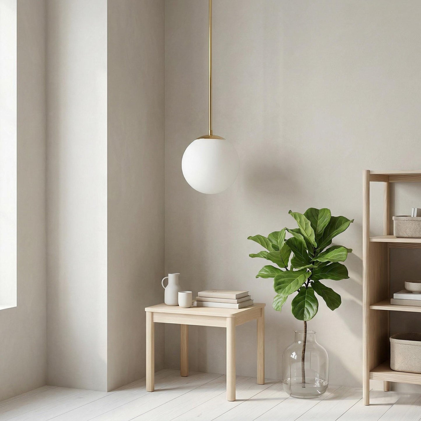 Brass Globe Pendant Light, 6 Inch Opal Glass, Minimal Hanging Lamp, Custom Length