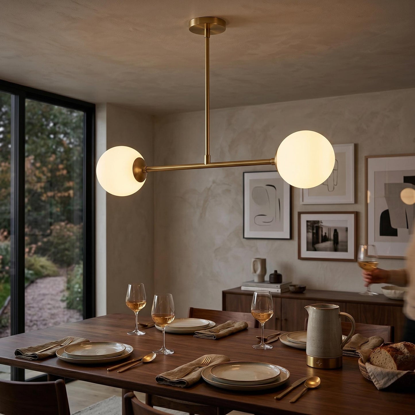 Modern Brass Double Globe Ceiling Light, Mid Century Opal Glass Pendant Lighting
