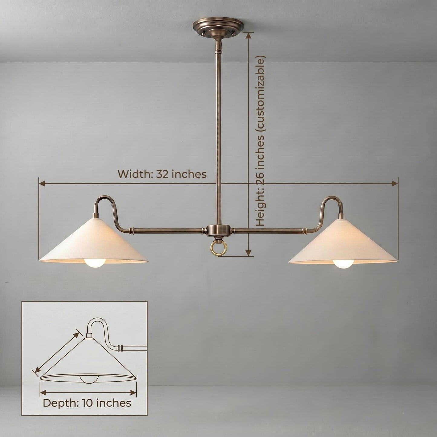 Dual Shade Brass Chandelier – Modern Linear Kitchen Island Lighting (Customizable Drop)